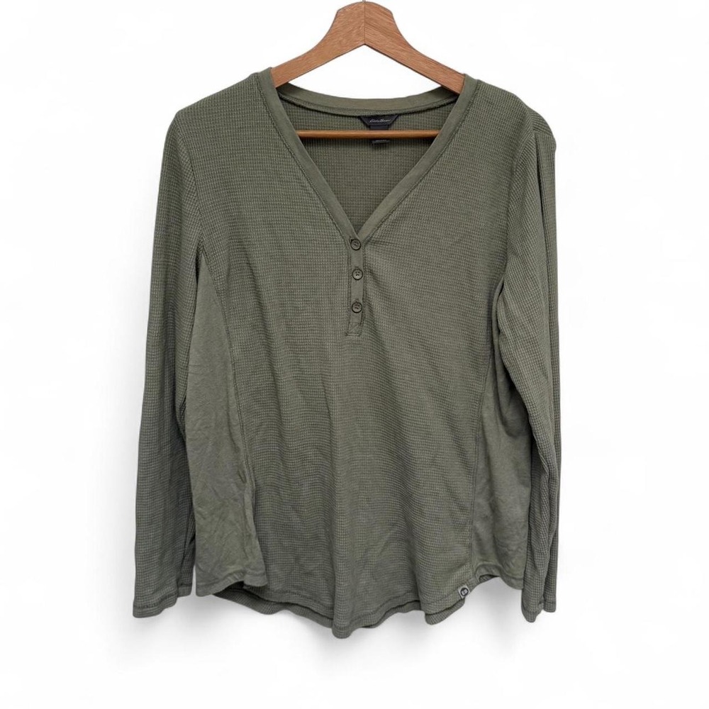 Eddie Bauer Women Sage Green Waffle Knit Henley Long Sleeve Shirt Large